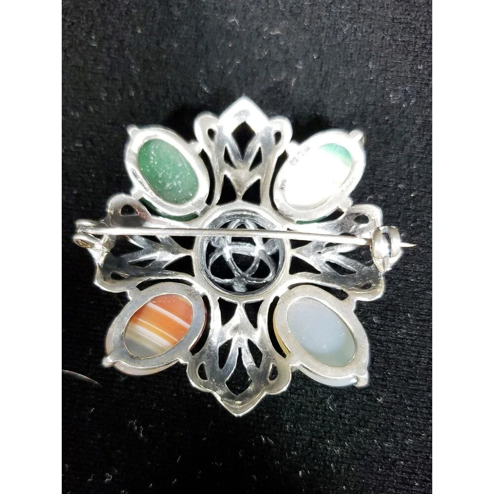 1960s Sterling Silver Celtic Cross Pin Brooch Agate Stones James Coull Scotland